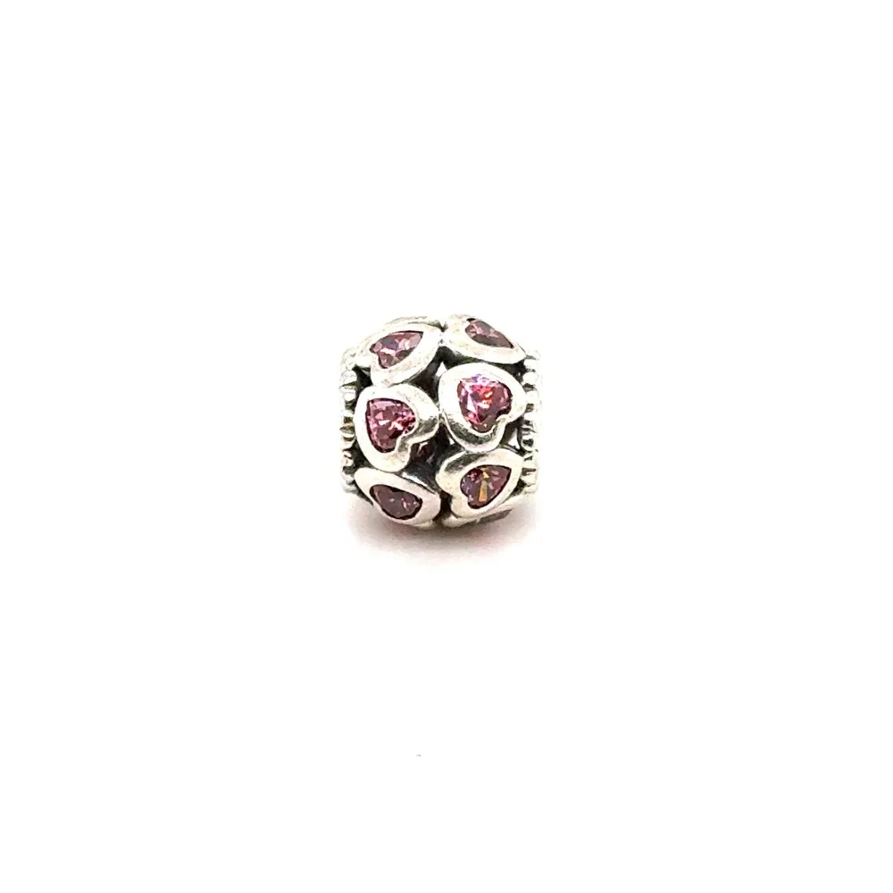 Pandora Pink Hearts Openwork Charm 925 Sterling Silver Pink Cubic Zirconia Bead